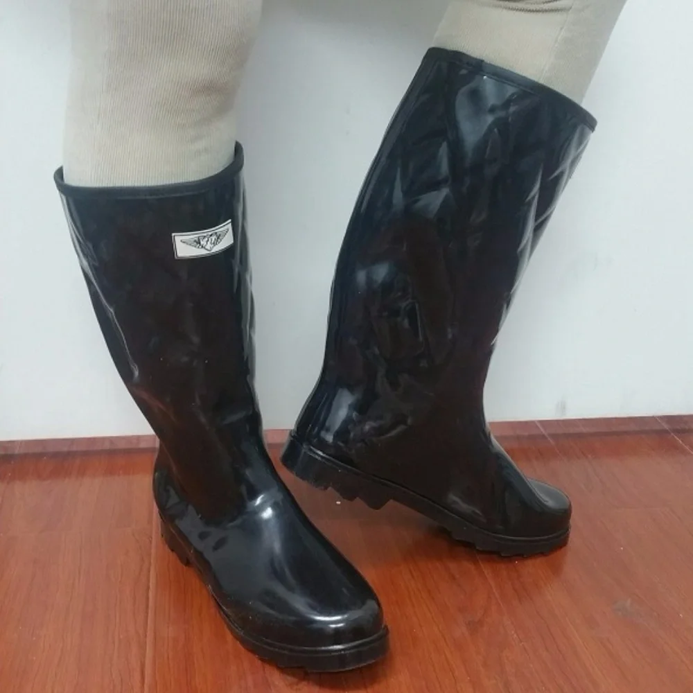 Women's Rainboots, Tall Quilted Rubber Rain Boots, #1411, Black Size 6